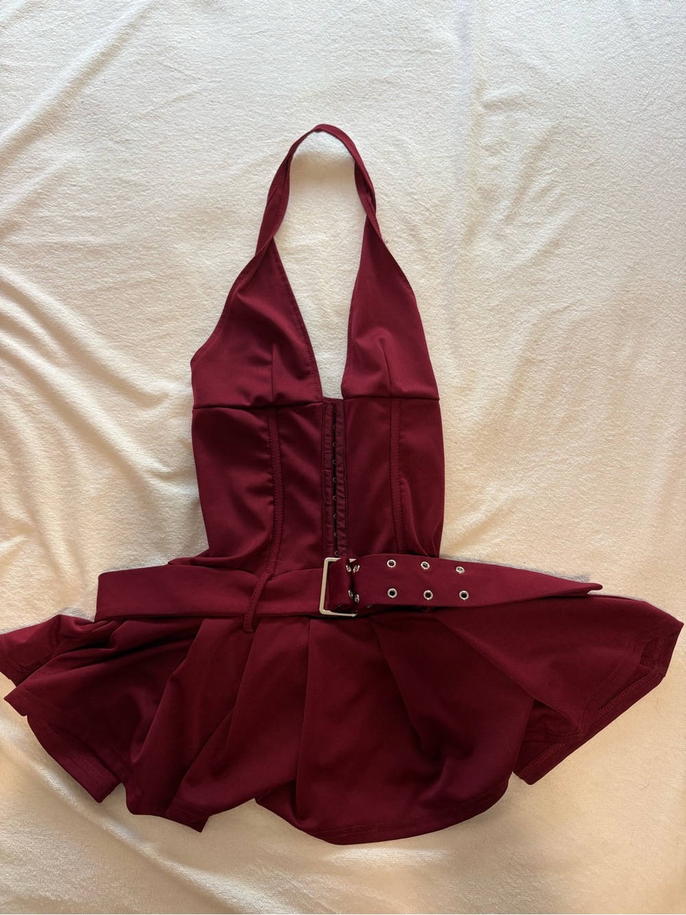 SHEIN Burgundy Halter One-Piece Bodysuit with Belt